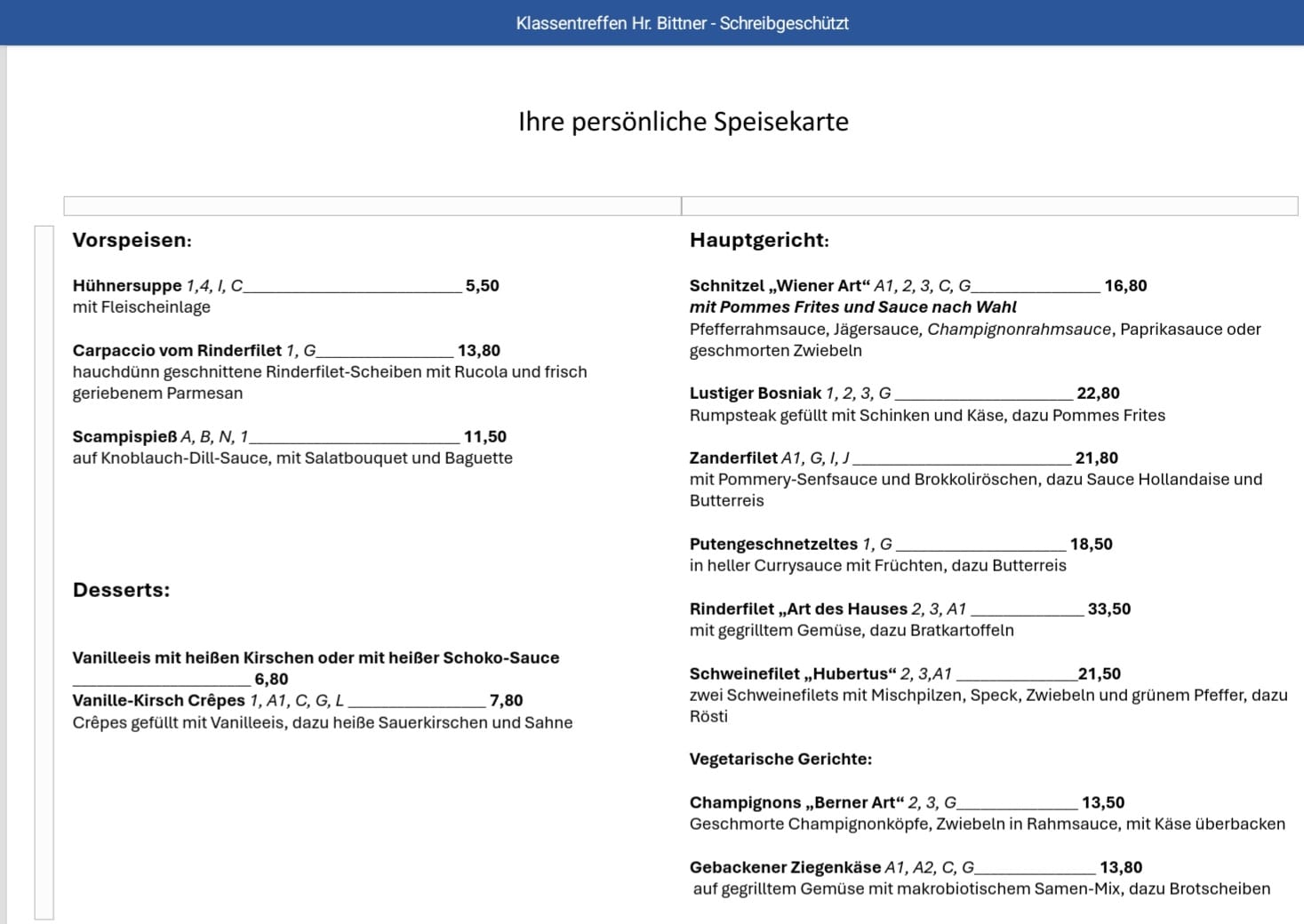 Speisekarte des Klassentreffens im Restaurant Grüterig