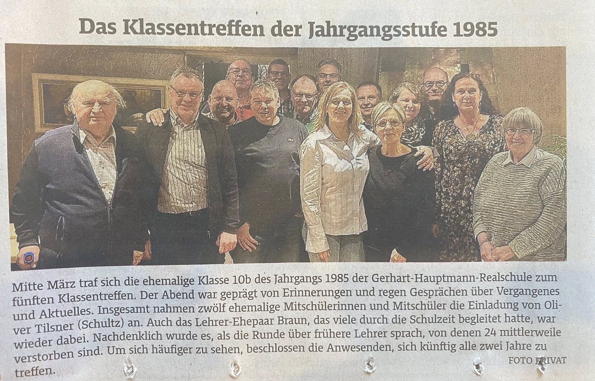 Zeitungsartikel zum Klassentreffen der Jahrgangsstufe 1985 in der Dorstener Zeitung
